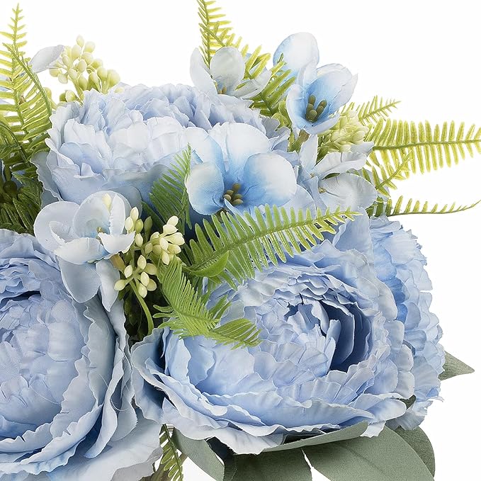 ENOVA FLORAL Artificial Flower Arrangement with Vase,Mixed Artificial Silk Peony Flower in Vase for Decoration Home Office, Wedding Centerpiece (Blue)