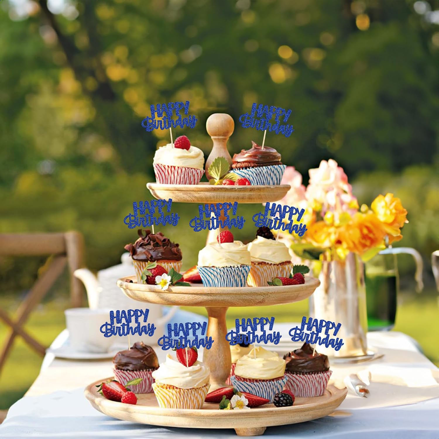 Gyufise 24Pcs Happy Birthday Cupcake Toppers Glitter Cupcake Food Picks for Celebrating Happy Birthday Theme Party Cake Decorations Supplies Deep Blue