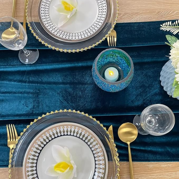 Luxurious Velvet Table Runner, 10ft Wedding Reception Decorations, 20x120inch Soft Velvet Fabric, Table Linen Overlay, Wedding Table Runners (Teal Blue, 20X120inch, 5pack)