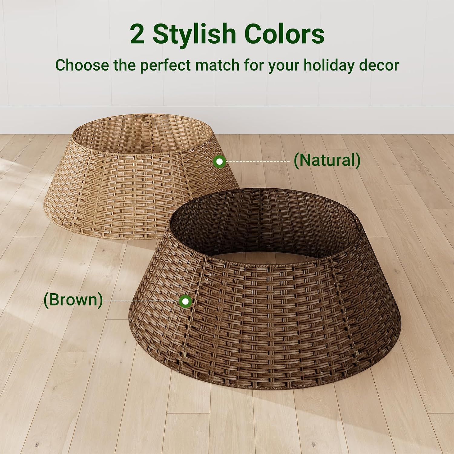 ELYKEN Wicker Christmas Tree Collar for 7.5 ft Trees, 28 Inch Woven Xmas Tree Skirt, Stylish Rustic Farmhouse Basket for Tree Base Cover with Cord Cut-Out for Pencil Tree, Brown