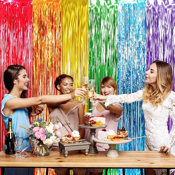 GOER 3.2 ft x 8.2 ft Metallic Tinsel Foil Fringe Curtains Party Photo Backdrop Party Streamers for Birthday,Graduation,New Year Eve Decorations Wedding Decor (4 Packs,Rainbow Colors)