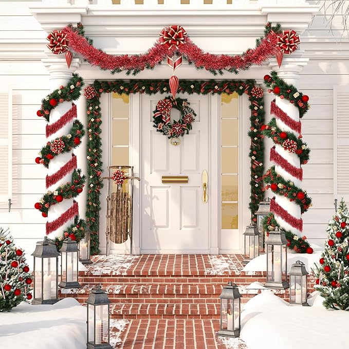 32.8 Ft Red Christmas Tinsel Garland Metallic Shiny Tassle Banner Wall Hanging Tinsel Streamers Backdrop for Christmas Holiday Birthday Party Supplies Indoor Outdoor Ornaments Home Decor