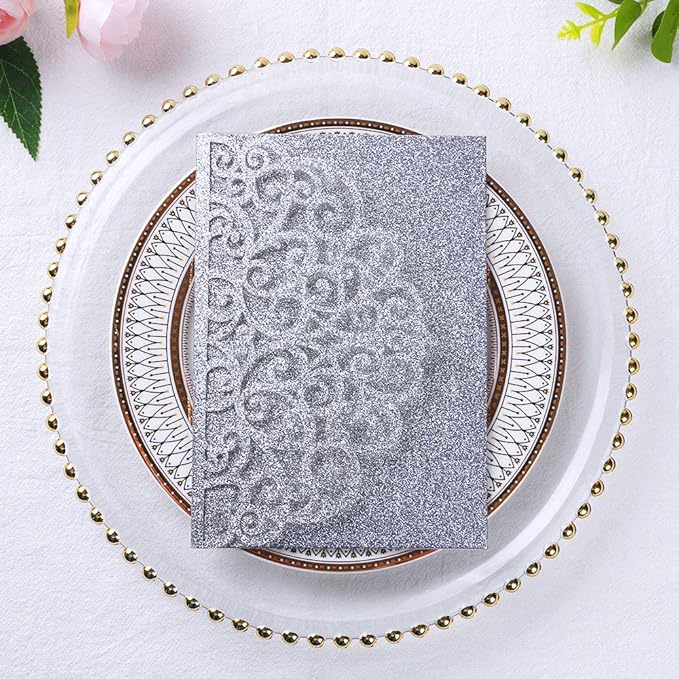 PONATIA 5.12 x 7.2 Laser Cut Invitation Pocket, 20 Tri-Fold 5 x 7 Laser Cut Wedding Invitation Pockets with Envelopes for Wedding Bbay Shower Birthday Sweet 16 Invite (Silver Glitter, No Inner Sheet)