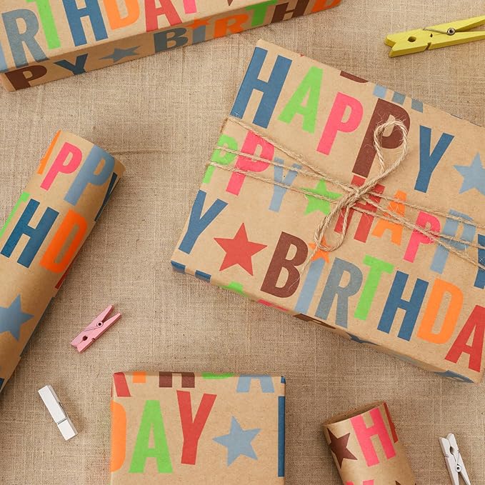 LaRibbons Birthday Wrapping Paper Roll for Kids, 17 Inch x 16.5 Feet Kraft Gift Wrap Paper with Colorful Text Happy Birthday Pattern for Boys Holiday Party