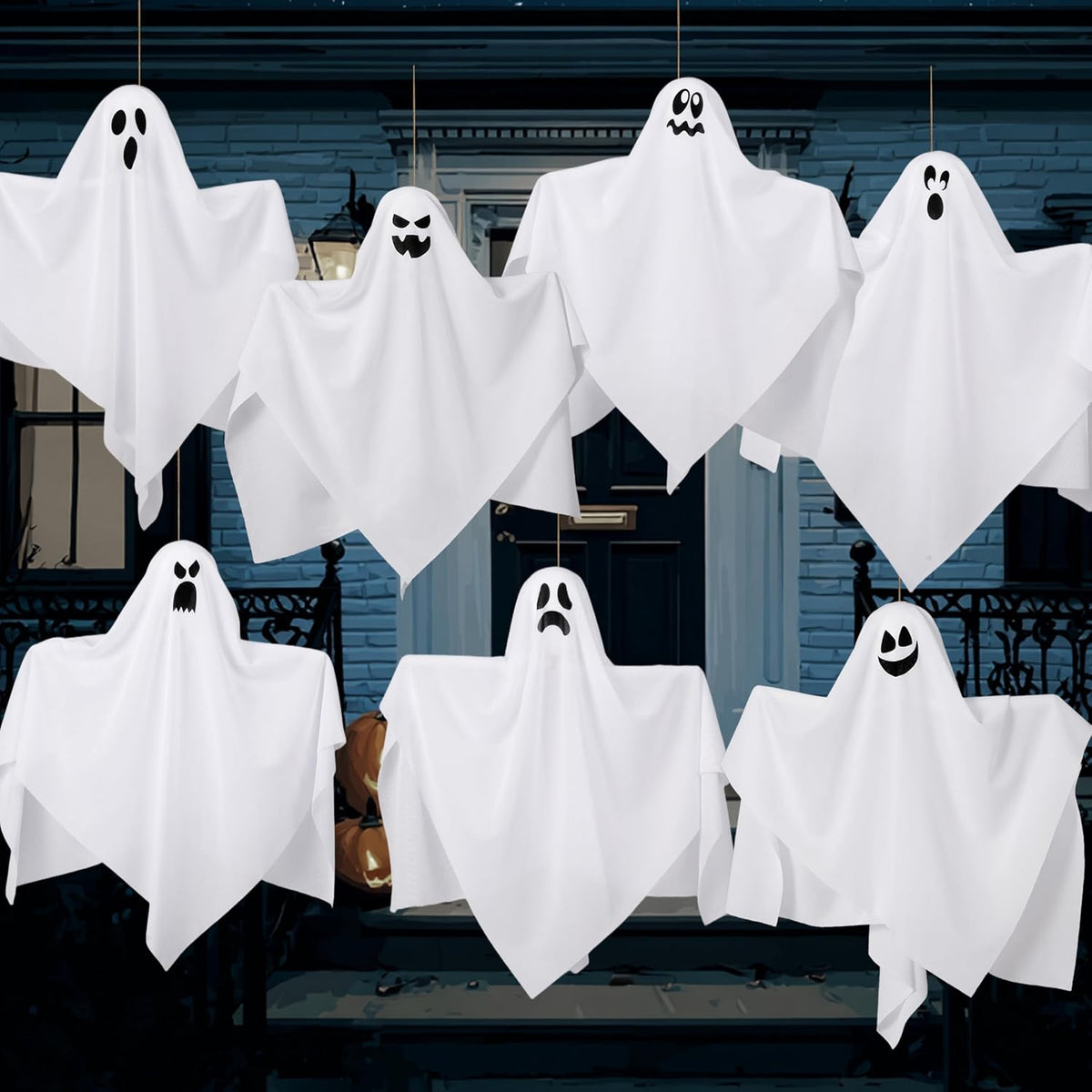 JOYIN 7 Pcs Halloween Hanging Ghost Decorations Outdoor, 19.6” Flying White G...