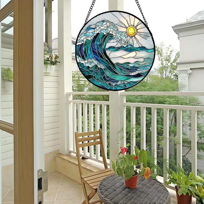 Stained Glass Window Hanging - Blue Green Waves Suncatcher for Door Terrace Garden Home Decor Sunrise Over The Sea Sun Catcher Birthday Gifts for Lovers Women Men Dad Mom Nana 9.8 in