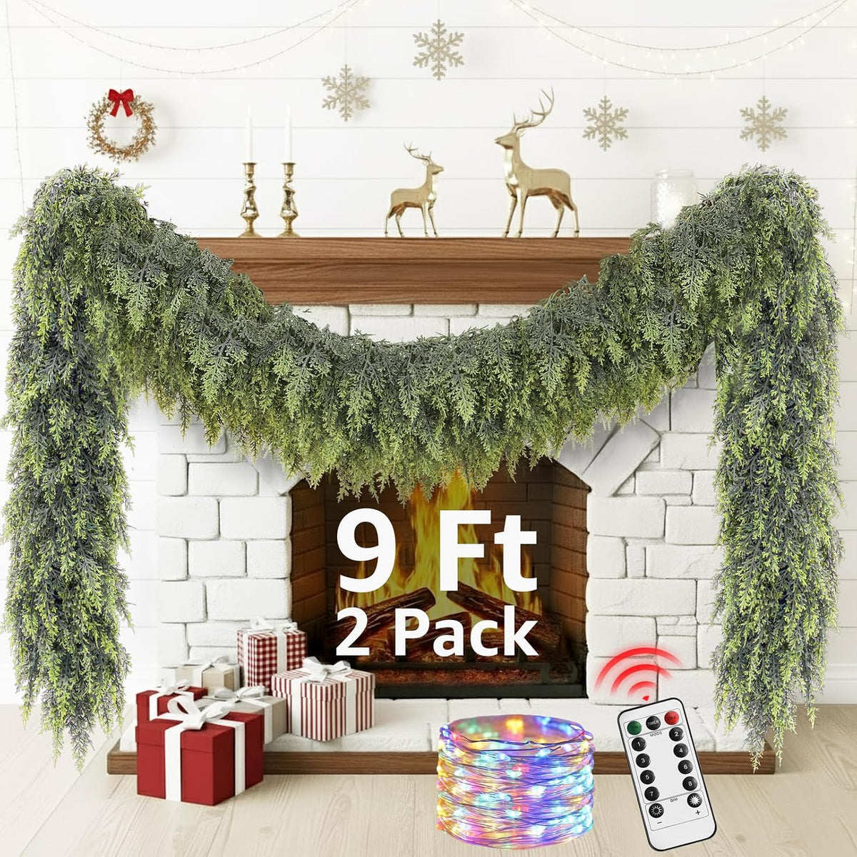 cedar christmas garland with lights for mantle, main product view
