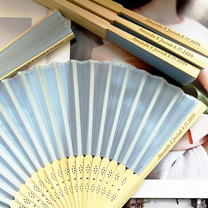 Personalized Engraved Light Blue Fans Folding Hand Fans 80 Pcs, Summer Wedding Fans, Custom Imitated Silk-Bamboo Fans for Guests Wedding Party Favor Bridal Shower Gifts Party Decoration