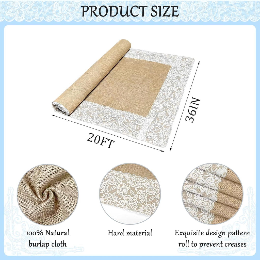 3ft x 20 ft Wedding Aisle Runner Outdoor for Wedding Ceremony with Lace Jute Rustic Natural Burlap Decorations Beach Garden Church Reception Craft Decor