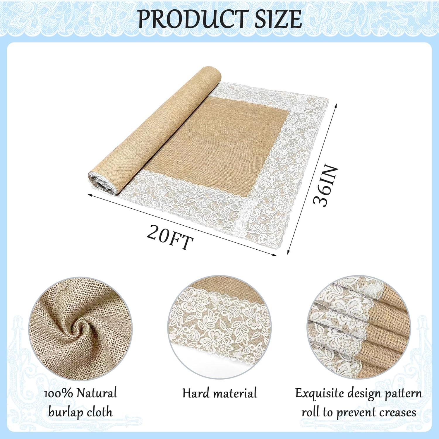 3ft x 20 ft Wedding Aisle Runner Outdoor for Wedding Ceremony with Lace Jute Rustic Natural Burlap Decorations Beach Garden Church Reception Craft Decor