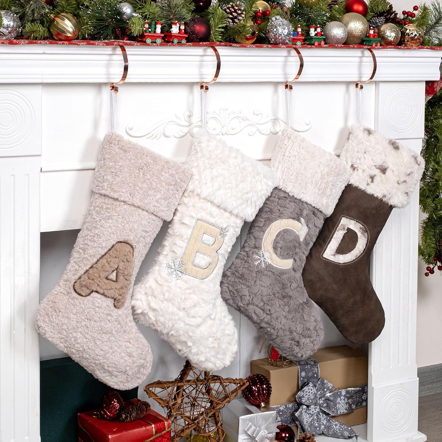 BHD BEAUTY Initial Christmas Stockings 2025 Monogram Personalized Brown-Leather Soft Faux Fur Embroidery for Family Decorations Hanging Ornament for Xmas Holiday Party Letter J