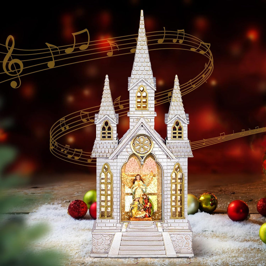 DGSCAK 16" Lighted Musical Church Snow Globe, Nativity Scene Water Lantern with Hand-Painted Holy Family & Angel, Swirling Glitter, 6H Timer, USB or Battery, Christian Christmas Decor