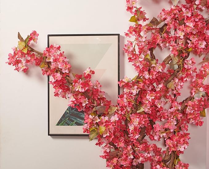 Flower Garland, Artificial Hydrangea Vine Flowers, Hanging Fake Hydrangeas Vine for Room Anniversary Wedding Birthday Christmas Wall Arch Decor, 2 Pcs, Floral Garland, Dark Pink Flower