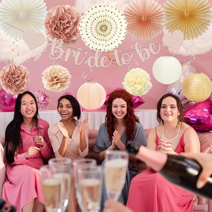 Whaline 22Pcs Boho Champagne Gold Pink Bachelorette Party Decoration Bride to Be Banner Hanging Lanterns Paper Fans Pom Poms Tassel Garlands for Wedding Bridal Shower Backdrop