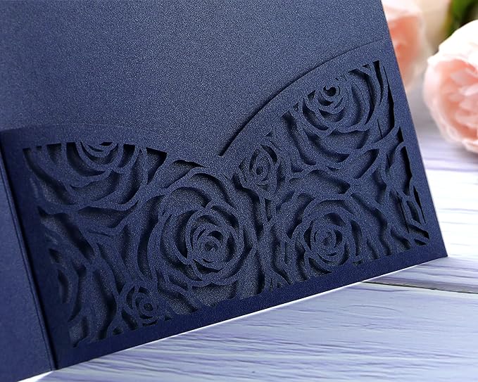 20 Pcs Laser Cut Wedding Invitations Card Pocket with Envelope for Birthday Party Baby or Bride Shower Invite suitable for 5 * 7 Inches Insert Paper (Dark Blue)