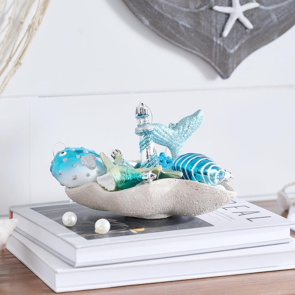 Valery Madelyn 12ct Summer Tree Ornaments Christmas in July Decorations | Teal Aqua Light Blue Silver Shatterproof Beach Coastal Ocean Themed Nautical Marine Seahorse Hanging Balls for Tropical Party