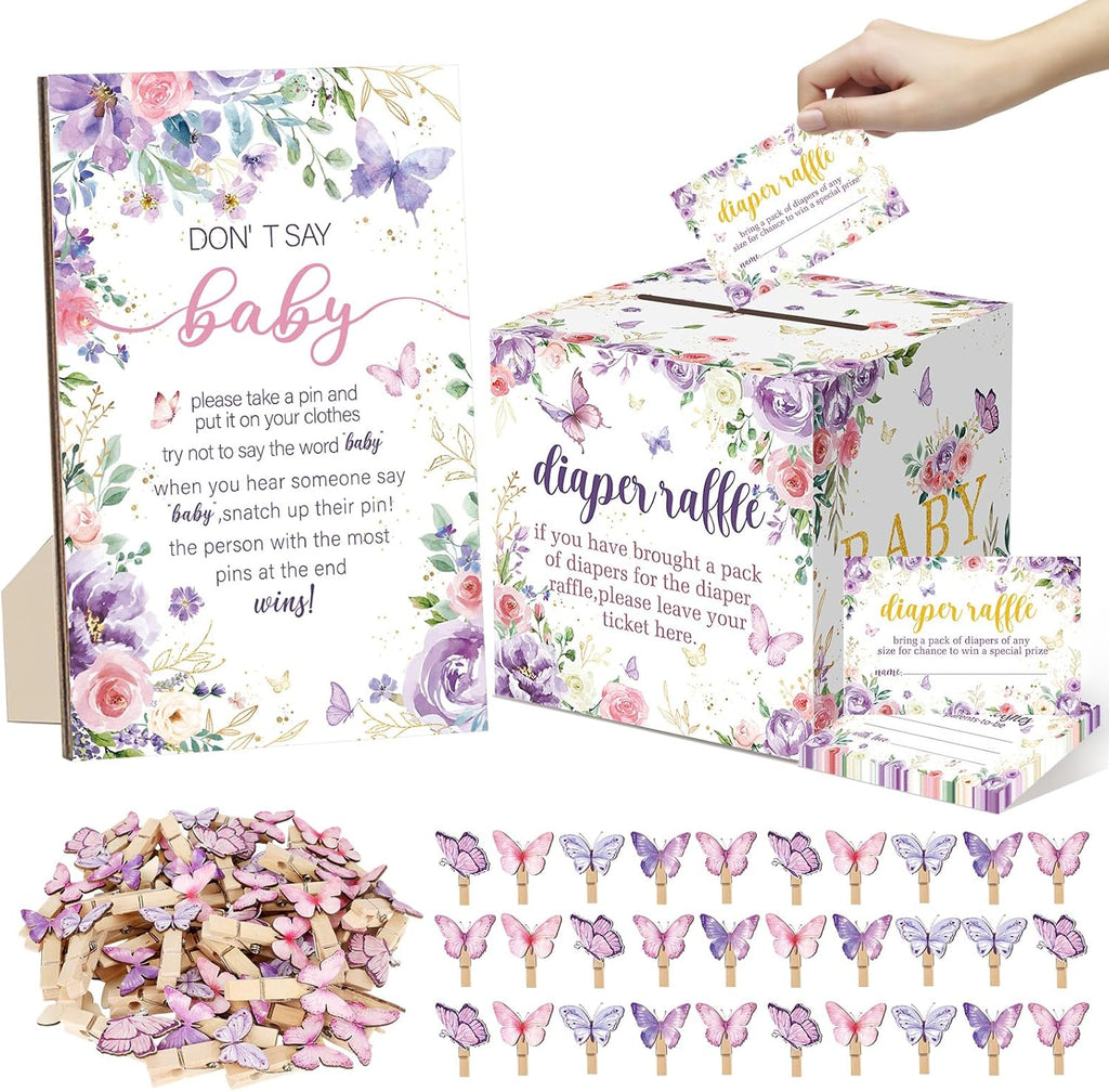 102 Pcs Butterfly Baby Shower Game Supplies Include 50 Diaper Raffle Tickets,1 Diaper Raffle Card Box,1 Don't Say Baby Sign and 50 Mini Butterfly Clothespins for Girls Gender Reveal Party Favors