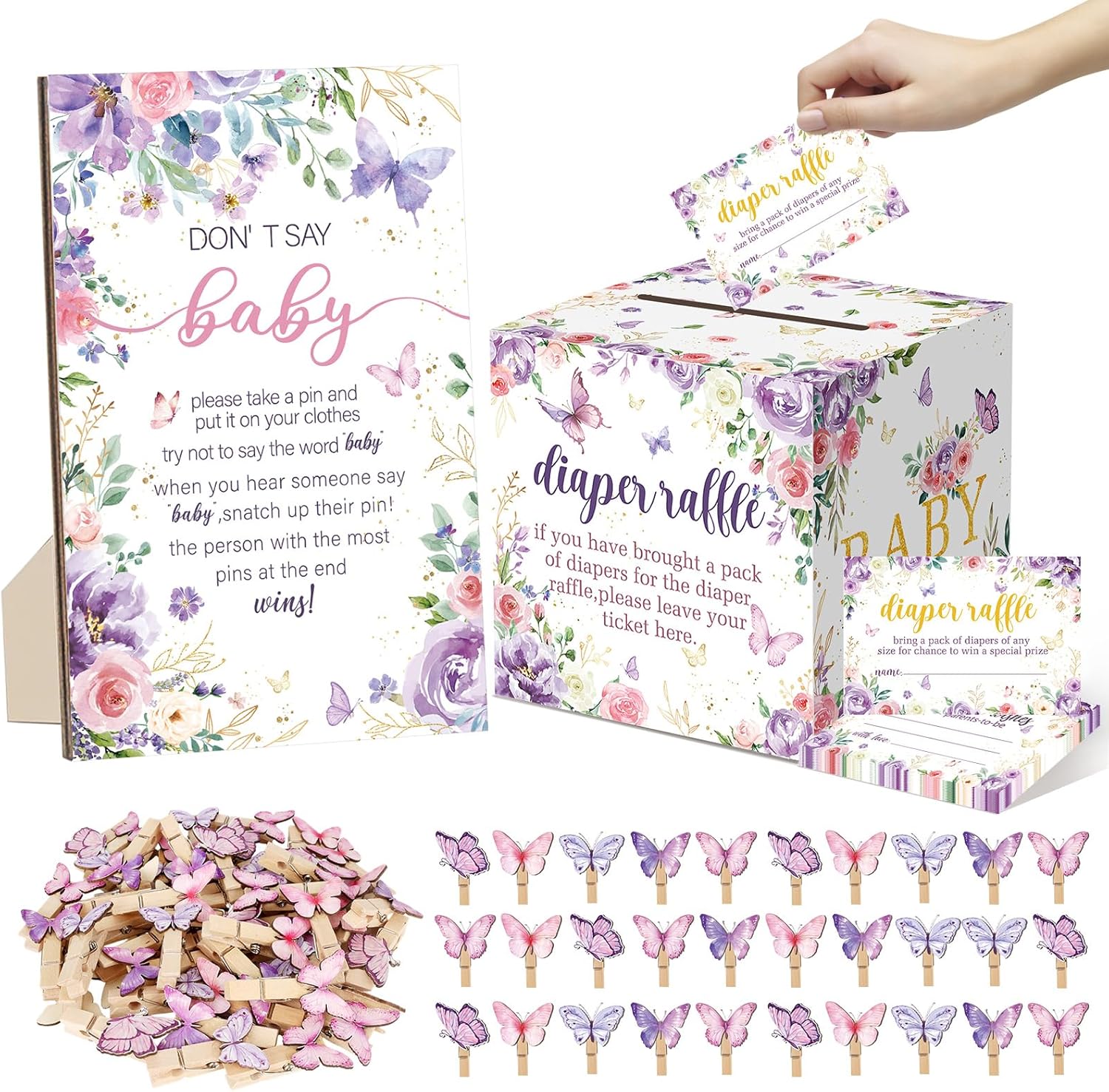 102 Pcs Butterfly Baby Shower Game Supplies Include 50 Diaper Raffle Tickets,1 Diaper Raffle Card Box,1 Don't Say Baby Sign and 50 Mini Butterfly Clothespins for Girls Gender Reveal Party Favors