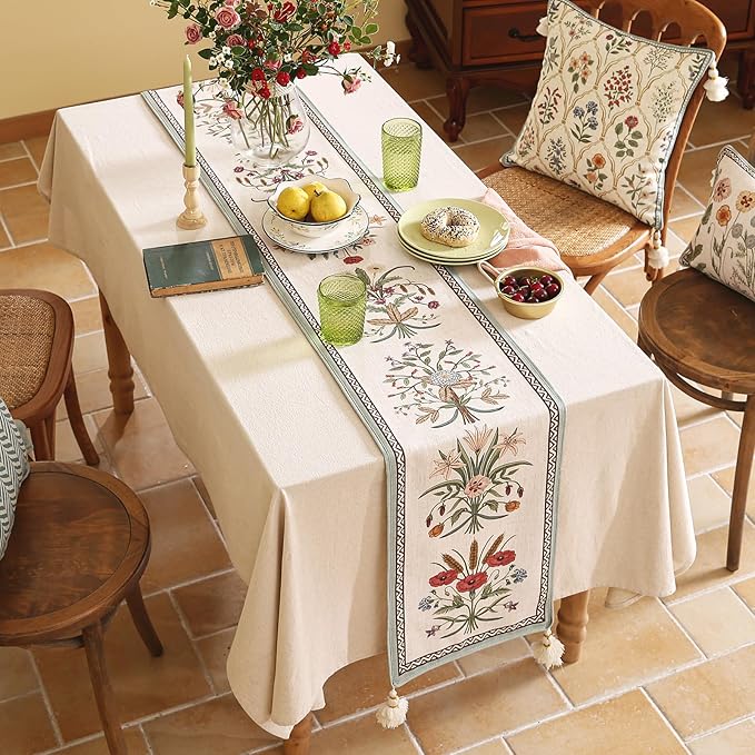 ISAENNE Designer French Country Linen Table Runner 71 Inches Long,Elegant Colorful Floral Pattern Table Runners for Dining Tables,Thanksgiving,Christmas,Kitchen Decor,12"*71"-Serenity F