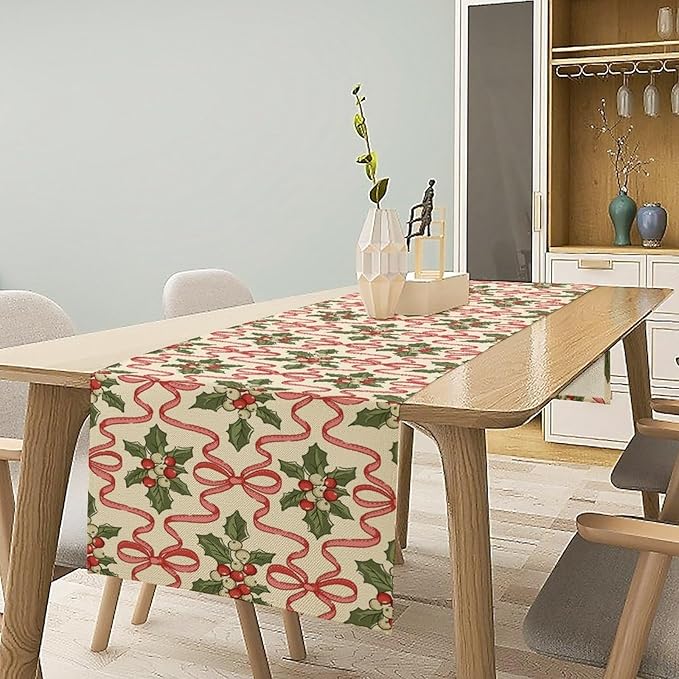 Christmas Table Runner,Xmas Holiday Bowknot Decor Table Cloth Kitchen Dining Table Decoration for Home Party Decor 13x90 Inch