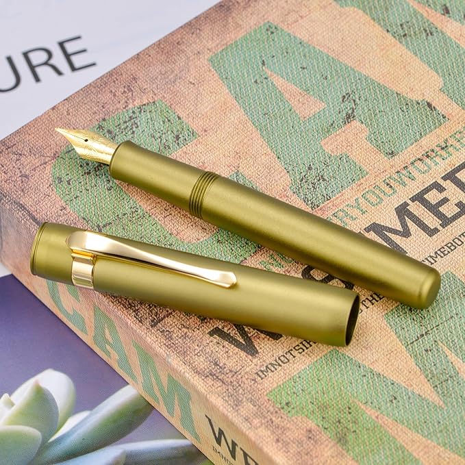 HONG DIAN M2 Black Forest Mini Fountain Pen, Bent Nib & Sleek Shape Aluminium Short Pocket Travel Pen (Olive Green)