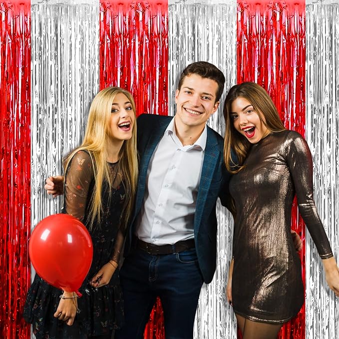 4 Pack Silver Red Foil Fringe Curtain Backdrop, 3.28Ft x 8.2Ft Metallic Tinsel Foil Fringe Streamers Curtains for Photo Booth, Wedding, Circus Welcome Carnival Birthday Party Decoration