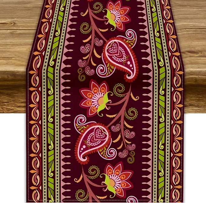 Dark Red Paisley Table Runner, Vintage Boho Paisley Flowers Geometric Print Table Cover for Farmhouse Wedding Party Home Kitchen Dining Table, 13x120inch