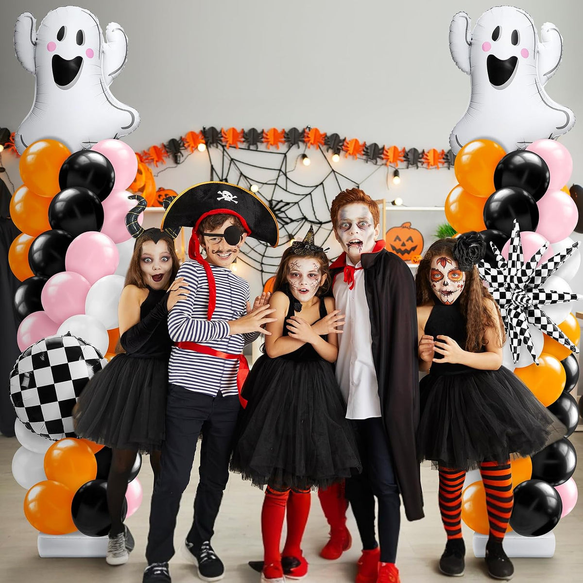 Kasyat 2 Sets Pink and Orange Halloween Balloon Arch Kit with Ghost Black Whi...