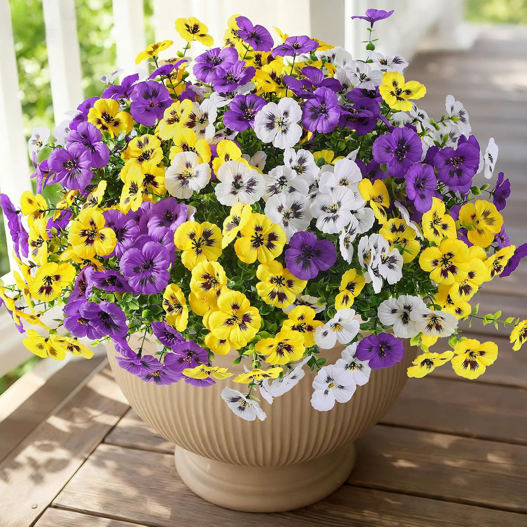 Alupssuc 24 Bundles Artificial Flowers for Outdoors Spring Decorations, Big Fake Flowers UV Resistant Realistic Pansies with Eucalyptus Silk Faux Flowers for Porch Yard, Yellow White CrimsonPurple