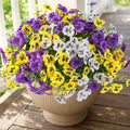Alupssuc 24 Bundles Artificial Flowers for Outdoors Spring Decorations, Big Fake Flowers UV Resistant Realistic Pansies with Eucalyptus Silk Faux Flowers for Porch Yard, Yellow White CrimsonPurple