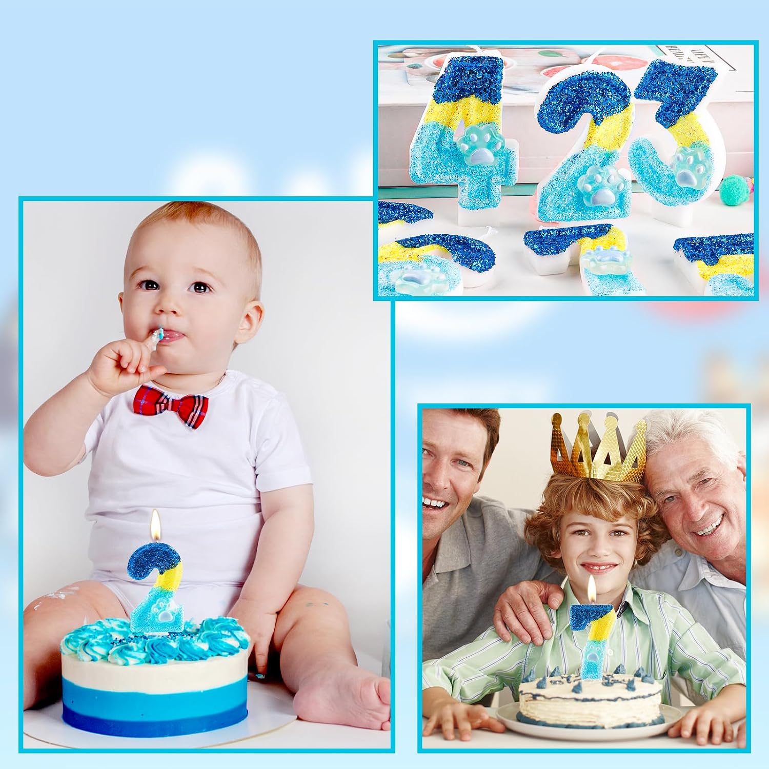 Glitter Dog and Cat 2nd Birthday Candle Blue Numbers 2 Candle Paw Cake Topper Cupcake Decorations for Pet Theme Party Decor Anniversary Celebrations Supplies