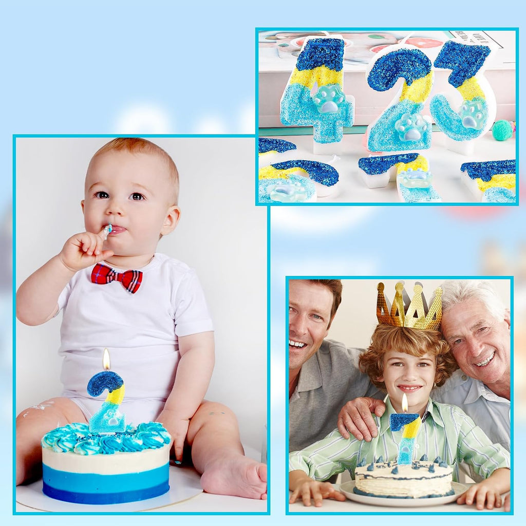 Glitter Dog and Cat 3rd Birthday Candle Blue Numbers 3 Candle Paw Cake Topper Cupcake Decorations for Pet Theme Party Decor Anniversary Celebrations Supplies