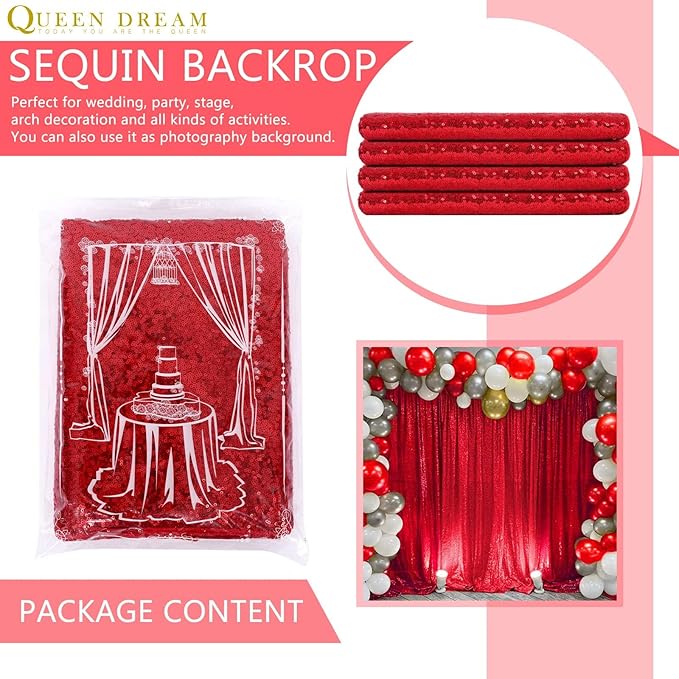 8ft x 8ft Red Sequin Backdrop Party Backdrop Curtain for Wedding Birthday Event Ceremony Wall Decorations