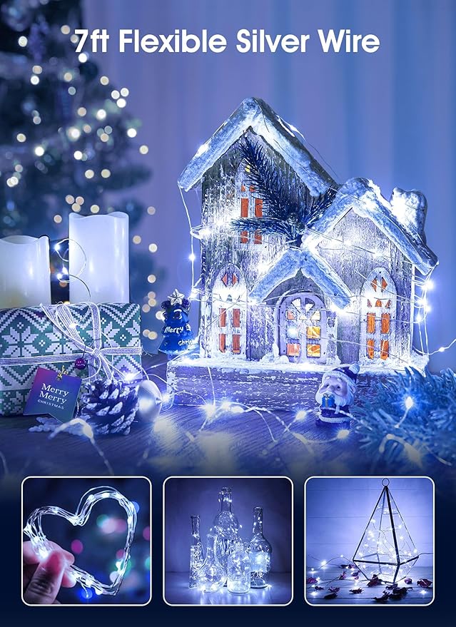 Minetom 6 Pack Fairy Lights Battery Operated String Lights - 7ft 20 LED Waterproof Silver Wire Firefly Lights Waterproof for DIY Crafts Wedding Décor Table Mason Jars Party, White