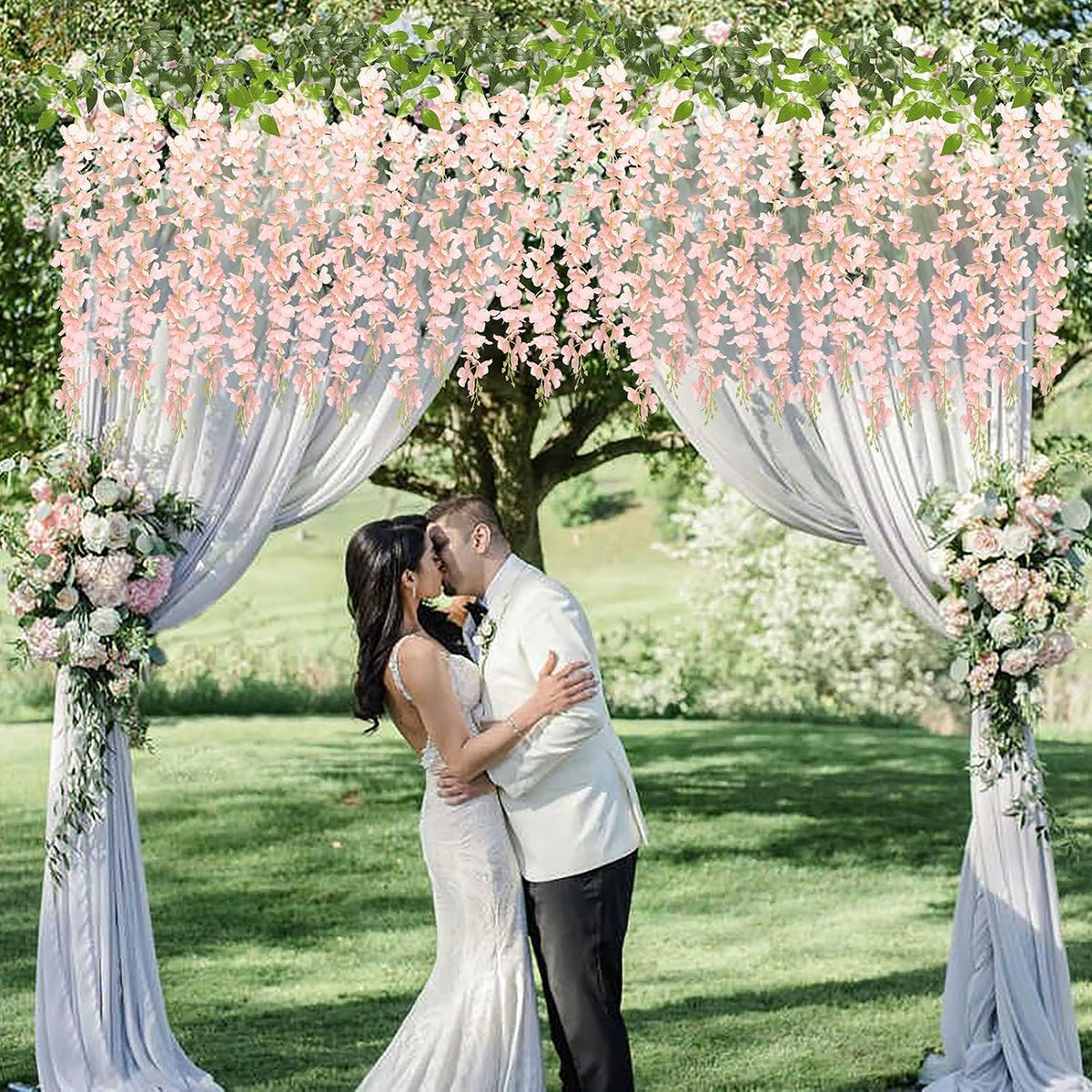 pauwer wisteria hanging flowers, 24pcs artificial wisteria, blush showing dimensions