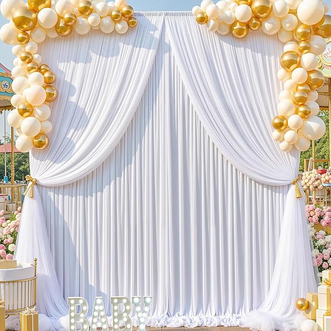 30ft x 15ft White Wrinkle Free Backdrop Curtains for Parties,Silky Polyester Fabric Wedding Ceiling Drapes, 6 Panels 15ft Photo Back Drop Drapes for Baby Shower Photography Stage Background Cloth
