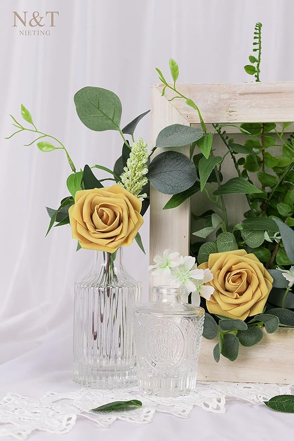 N&T NIETING Artificial Flowers 50pcs Real Looking Gold Yellow Foam Fake Roses with Stems for DIY Wedding Bouquets White Bridal Shower Centerpieces Arrangements Party Tables Decorations
