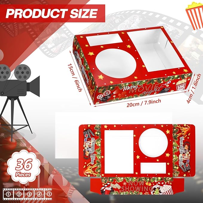 Faccito 36 Pcs Movie Night Snack Trays Movie Theater Snack Boxes Night Supply Disposable Paper Holder Tray for Popcorn Food Candy Drink Party 8 x 6 Inch(Red Green,Holly Style)