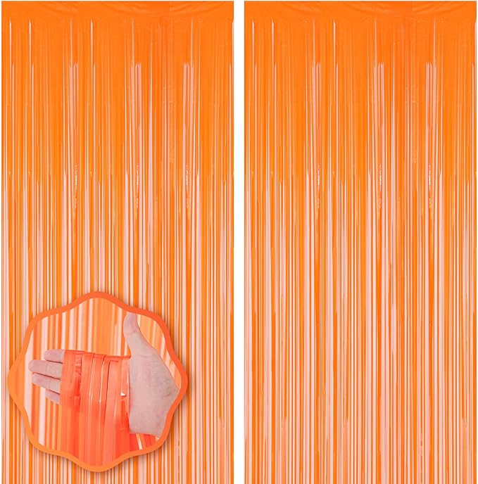 2 Pack Orange Foil Fringe Backdrop Curtains, Tinsel Streamers Birthday Party Decorations, Fringe Backdrop for Graduation, Baby Shower, Gender Reveal, Disco Party