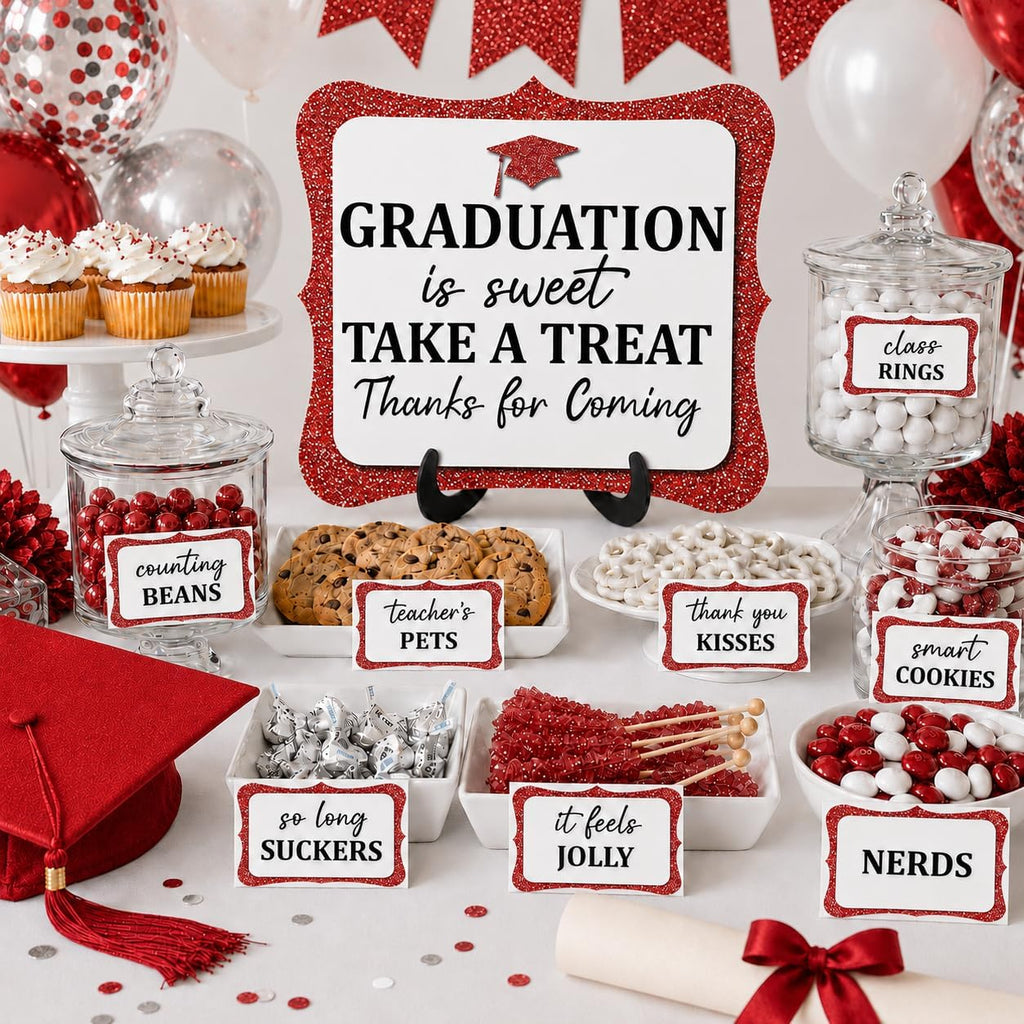 20PCS Graduation Candy Bar Sign, 1 Red Glitter Candy Buffet Table Sign with Stand, Catering Supplies Display for Graduation Decorations Class of 2026 -A04-2