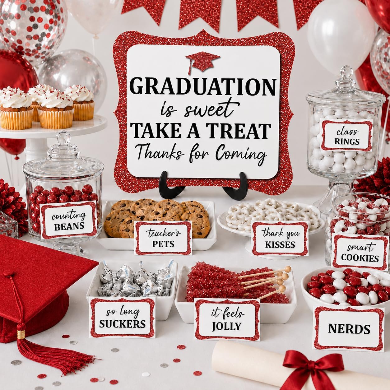 20PCS Graduation Candy Bar Sign, 1 Red Glitter Candy Buffet Table Sign with Stand, Catering Supplies Display for Graduation Decorations Class of 2026 -A04-2