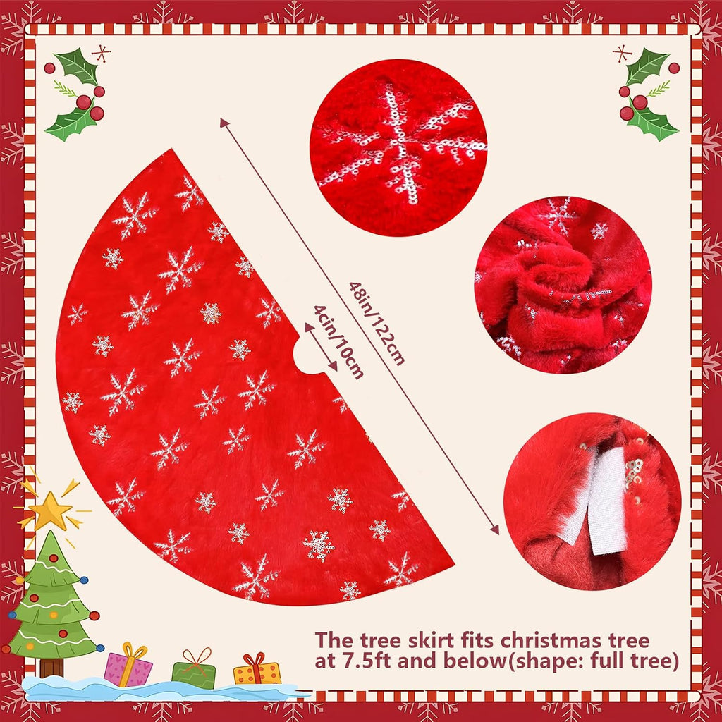Christmas Tree Skirt, 48 Inch Red Luxury Faux Fur & Silver Sequin Snowflakes, 4ft Xmas Tree Skirt for Holiday Tree Ornaments Christmas Party Home Decorations