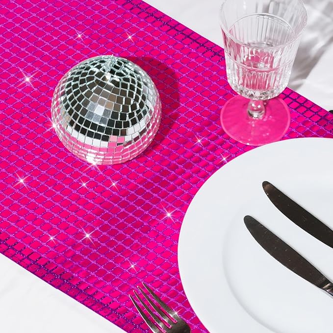 SquarePie Disco Table Runner Mirror Glitter Hot Pink Sequin Runner for 70s 80s Disco Dance Bachelorette Party Supplies Table Decorations (12x108 Inches ,2 Pack)