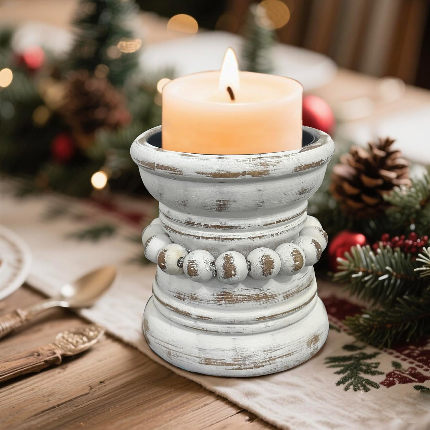 dwellington Farmhouse Rustic Wood Pillar Candle Holder, Decorative Beaded Candlestick Holder Stand for Home Décor, Gifts, Wedding (White Wash)