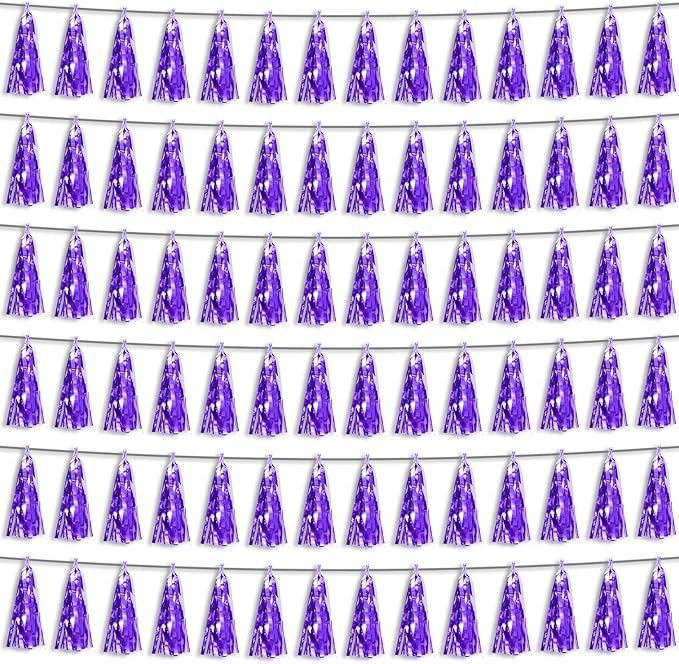 6P Purple Foil Fringe Metallic Tassel Streamers Banner Tassel Garland for Parade Floats, Bachelorette, Wedding, Birthday, Graduation, Christmas, Bridal/Baby Shower Party Decorations