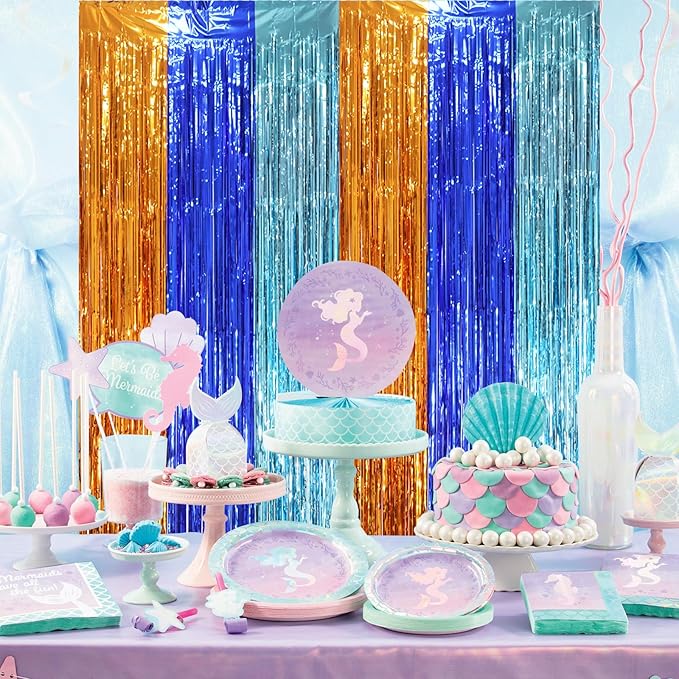 2 Pack Blue Orange Foil Fringe Backdrop Curtains, Tinsel Streamers Party Decorations, Fringe Backdrop, Door Shimmer for Birthday Party