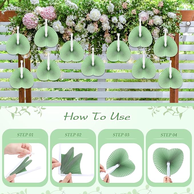 Unittype 150 Packs Wedding Paper Fans Heart Shaped Folding Handheld Fans for Wedding Decorate Guests Favor Anniversary Birthday Party Supplies Home Decor(Sage Green)