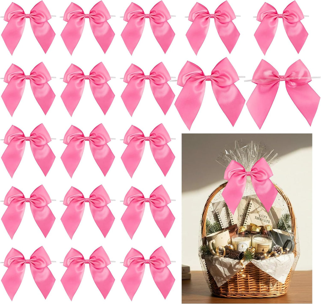 24 PCS Hot Pink Bows 5" Pre-Tied Fuchsia Pink Satin Ribbon Twist Tie Bow for Gift Wrapping Candy Treat Bags Crafts Baby Shower Birthday Party Favors Wedding Decor