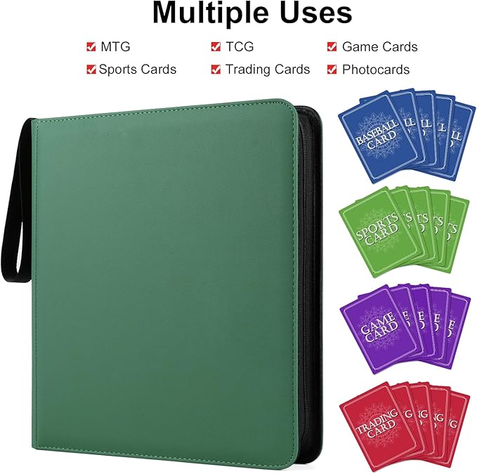 GEAoffice Trading Card Binder 12 Pocket for 720 Cards, Ringless Side Loading Card Collection Binder Album Folder for MTG, TCG, Game&Sports, PU Cover, Non-PVC, Green