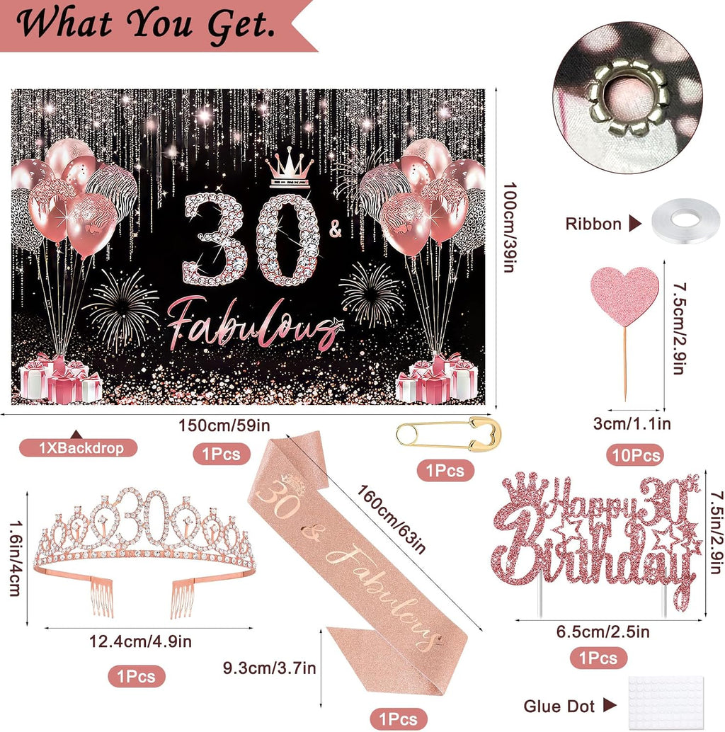 30th Birthday Decorations for Women, 50pcs Rose Gold Black 30th Birthday Decorations for Her with Banner Crown Sash Backdrop Cake Topper Balloons Hanging Swirl for 30 Years Old Birthday Party Supplies